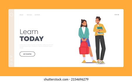 Learn Today Landing Page Template. Kids Pupils Characters Wear Uniform with Backpacks and Textbooks. Children Education, Classmates Girl and Boy Schoolers, Friends. Cartoon People Vector Illustration