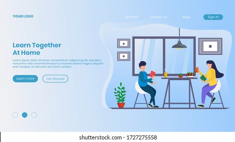 Learn together at home on landing page. Vector Illustration about brother and sister learn together