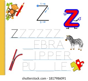 Learn to trace letter Z. Study English words. Worksheet for children. Education game with ABC for kindergarten. Developing kids skills for writing and reading. Vector cartoon illustration.