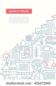 Aprender y viajar - póster del folleto de diseño de la línea vectorial, plantilla de presentación del volante, diseño de tamaño A4 con símbolos de viaje y aprendizaje, monumentos famosos en el mundo
