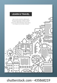 Learn and travel - vector line design brochure poster, flyer presentation template, A4 size layout. Modern composition with traveling and learning symbols, world famous landmarks
