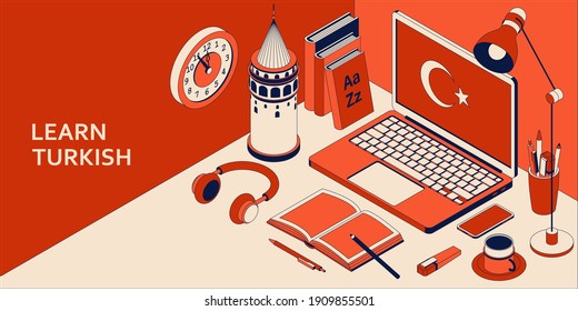 Learn Turkish language isometric concept with open laptop, books, headphones, and coffee