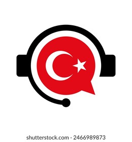 learn turkish language vector icon, foreign languages translation symbol, headset with turkey flag