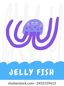 Learn underwater flashcard. Learning English words for kids. Cute hand drawn doodle educational card with sea jellyfish character. Preschool under sea, ocean life learning material