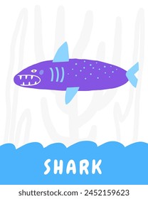 Learn underwater flashcard. Learning English words for kids. Cute hand drawn doodle educational card with shark character. Preschool under sea, ocean life learning material