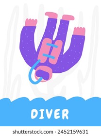 Learn underwater flashcard. Learning English words for kids. Cute hand drawn doodle educational card with diver character. Preschool under sea, ocean life learning material