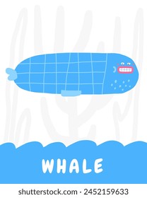 Learn underwater flashcard. Learning English words for kids. Cute hand drawn doodle educational card with blue whale character. Preschool under sea, ocean life learning material