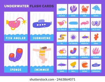 Learn underwater flashcards set. Learning English words for kids. Cute doodle educational card with dolphin, fish, whale, shark, shrimp, diver, coral, submarine. Preschool ocean life learning material