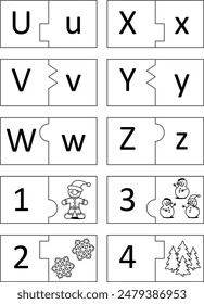 Learn uppercase and lowercase letters of English alphabet from Uu to Zz. Educational flash cards. Learn numbers 1  - 4. Cut, mix, play.
