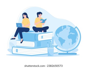 Learn to use a laptop and global trending concept flat illustration