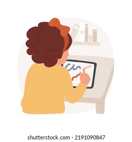 Learn to use a tablet isolated cartoon vector illustration. Children use gadget, learn to draw on tablet, technology at preschool, thinking skills, kindergarten, early education vector cartoon.