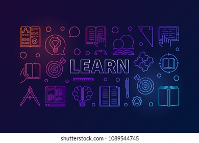 Learn vector concept colored education horizontal illustration or banner in thin line style on dark background