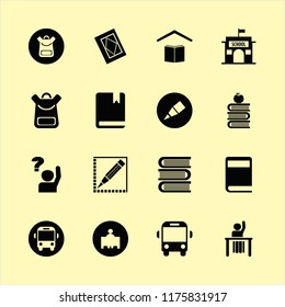learn vector icons set. with teacher, books and apple, school bus and school book bag in set