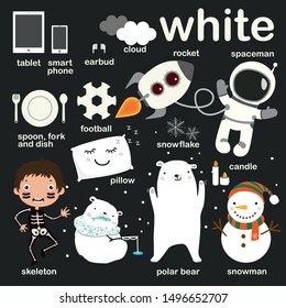 Learn white color, Educate color and vocabulary set, Illustration of primary colors, Vector illustration