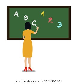 learn to write letters and numbers. women teacher writing on greenboard/blackboard with chalk vector illustration