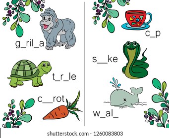 Learn to write and read. Letters. ABC. Puzzles for kids. Add words from letters.  Little animals cartoons characters. Tasks for children. Alphabet. Workbook.  Add words from letters.  Vector  