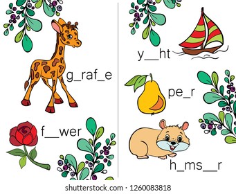 Learn to write and read. Letters. ABC. Puzzles for kids. Add words from letters.  Little animals cartoons characters. Tasks for children. Alphabet. Workbook.  Add words from letters.  Vector