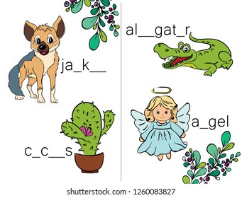 Learn to write and read. Letters. ABC. Puzzles for kids. Add words from letters.  Little animals cartoons characters. Tasks for children. Alphabet. Workbook.  Add words from letters.  Vector illustrat