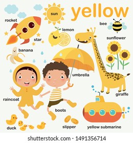 Learn yellow color, Educate color and vocabulary set, Illustration of primary colors, Vector illustration