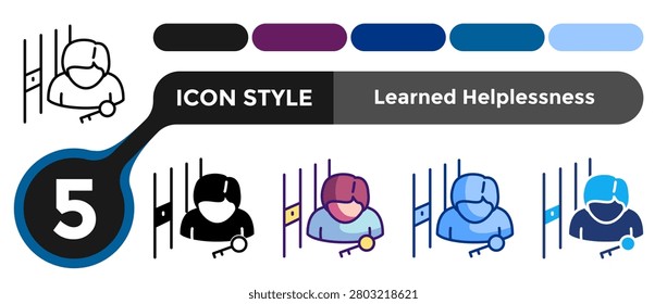 Learned Helplessness icon for representing conditioned passivity systems, repeated failure perception, and reduced effort behavior. Line, Filled, Color style.