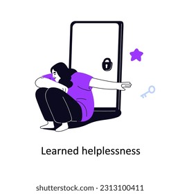 Learned helplessness, psychology concept. Helpless person refusing, rejecting help, ignoring solution to problem. Key ignorance, rejection. Flat vector illustration isolated on white background.