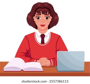 O aluno por trás do processo de aprendizagem. Aprendizagem educacional on-line. Ilustração em quadrinhos para projetos e apresentações. Moça em traje escolar atrás de um livro e laptop. 