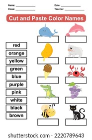 Aprender sobre la hoja de cálculo de colores. Hoja de trabajo educativa imprimible para preescolares. Cortar y pegar los nombres de color. 