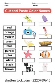 Learning about colors worksheet. Educational printable worksheet for preschoolers. Cut and paste the color names. 