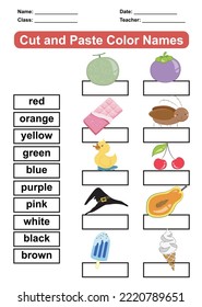 Learning about colors worksheet. Educational printable worksheet for preschoolers. Cut and paste the color names. 