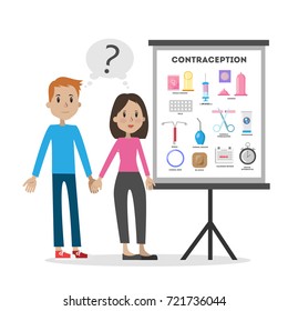 Learning about contraception. Young couple with chart board on white.