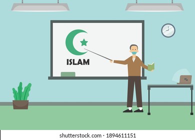 Learning about Islam in class 2D flat vector concept for banner, website, illustration, landing page, flyer, etc