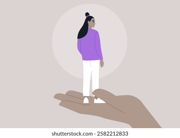 Learning about self, A figure stands atop an oversized hand, showcasing a harmonious blend of strength and vulnerability, inner work concept