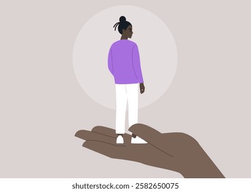 Learning about self, A figure stands atop an oversized hand, showcasing a harmonious blend of strength and vulnerability, inner work concept
