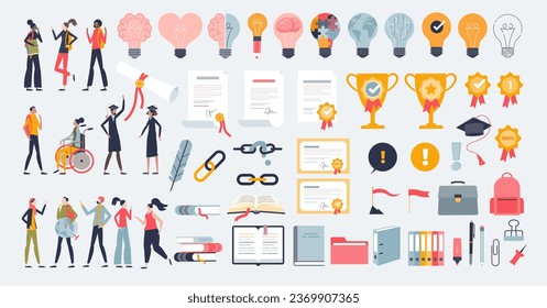 Learning and achievement scene with education tiny person collection set. Creative and innovative accomplishment or successful academic training with diploma and skill graduation vector illustration.