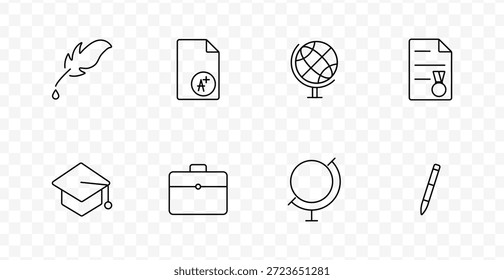 Icono de conjunto de aprendizaje y logro. Globo, pluma, pluma, maletín, medalla, documento e íconos académicos que representan la escritura, el estudio, los resultados, la geografía y la graduación