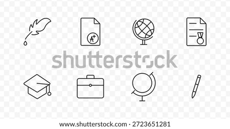 Learning and achievement set icon. Globe, pen, feather, briefcase, medal, document, and academic hat icons represent writing, study, results, geography, and graduation