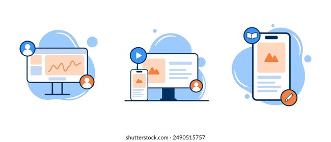 Learning activity icon illustration. Online education icon set. Containing data presentation, video learning, online course, and e-book reading. Educational website and digital education icons.