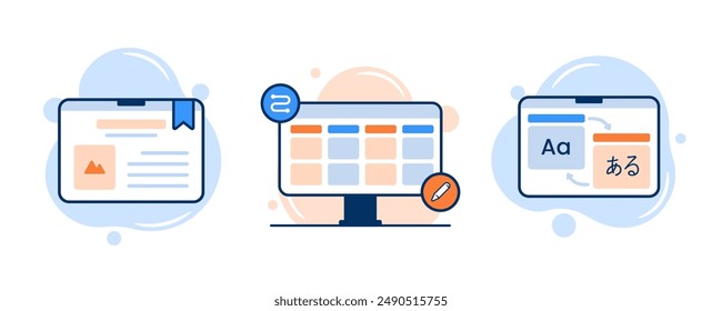 Learning activity icon illustration. Reading an e-book on the tablet, kanban board scheduling, and translating a word on the website translator.  Educational website and digital education icons.