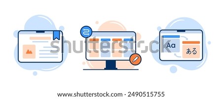 Learning activity icon illustration. Reading an e-book on the tablet, kanban board scheduling, and translating a word on the website translator.  Educational website and digital education icons.