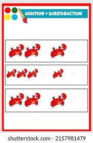 learning addition and subs traction for kids cute crab
