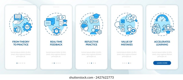 Learning advantages blue onboarding mobile app screen. Experiences walkthrough 5 steps editable graphic instructions with linear concepts. UI, UX, GUI template. Myriad Pro-Bold, Regular fonts used