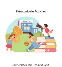 Learning adventures. Children engaging in extracurricular activities, from music to sports and astronomy, outside vibrant school setting. Comprehensive development of kids. Flat vector illustration