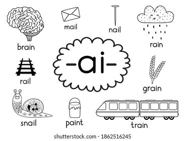 Learning ai digraph. Phonics for kids. Black and white educational poster with ai sound and words rain, brain, mail, nail, rail, snail, paint, train, grain. Learning material and colouring page 