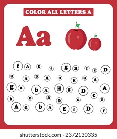 Learning alphabet. Color the all letter A. Educational worksheet design for preschool, kindergarten or elementary students.