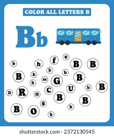 Learning alphabet. Color the all letter B. Educational worksheet design for preschool, kindergarten or elementary students.