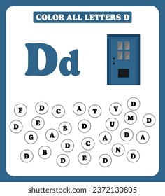 Learning alphabet. Color the all letter D. Educational worksheet design for preschool, kindergarten or elementary students.