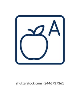 Icono de alfabeto de aprendizaje. Ilustración delgada de una manzana y la letra A, que representa la educación temprana, la fonética, las habilidades para hablar y la alfabetización. Signo de Vector de contorno aislado.	