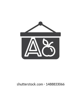 Learning alphabet vector icon. filled flat sign for mobile concept and web design. A letter apple on whiteboard glyph icon. Education symbol, logo illustration. Vector graphics
