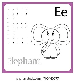 Learning alphabet. Worksheet. Game for kids, children. Learning a letter E .  Painting page.  Vector illustration. 
