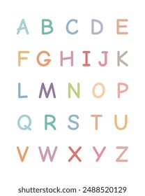 Learning Alphabet A to Z. Educational Poster for Kids, Uppercase Letters A to Z in Pastel Colors, Kindergarten and Classroom Decor, Preschool Wall Prints, Vector Illustration